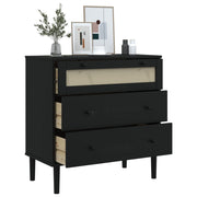 Commode SENJA aspect rotin bois de pin massif noir 80x40x80cm - Vetonek