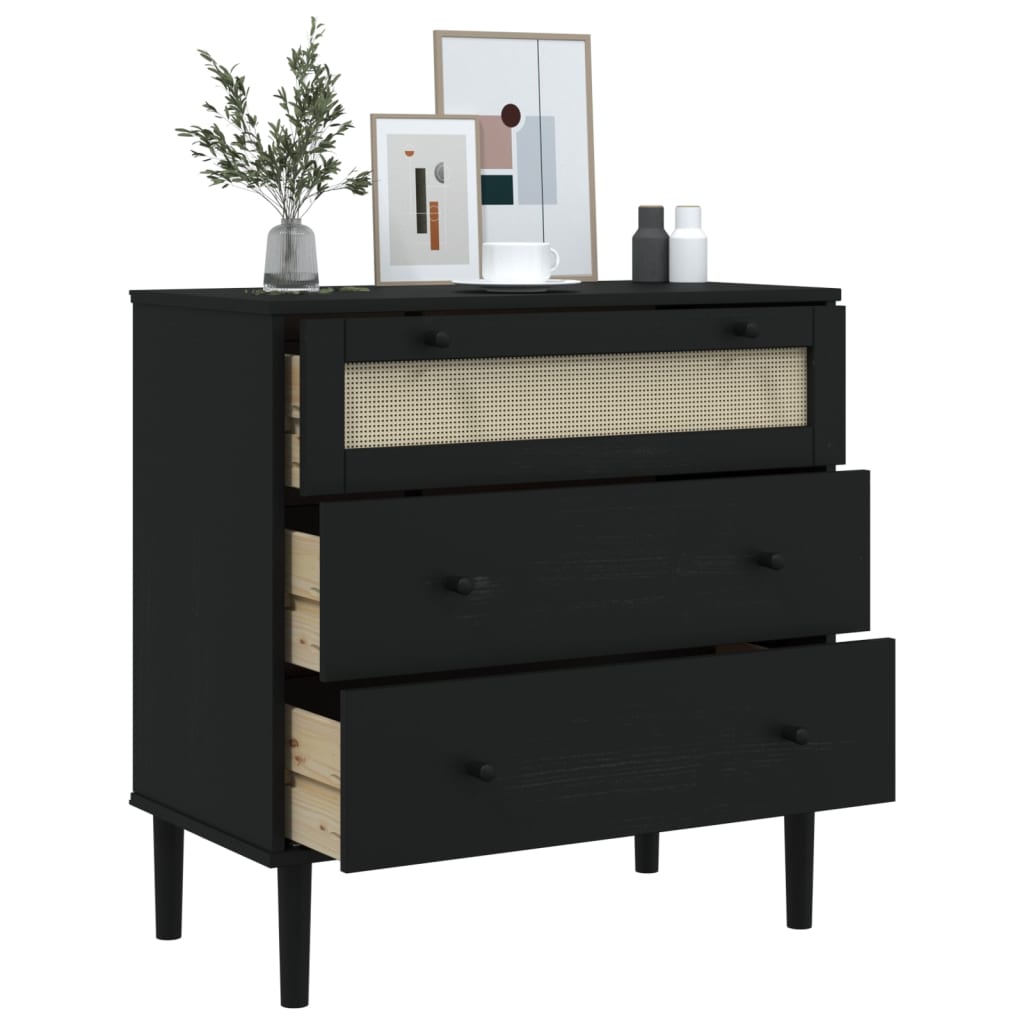 Commode SENJA aspect rotin bois de pin massif noir 80x40x80cm - Vetonek
