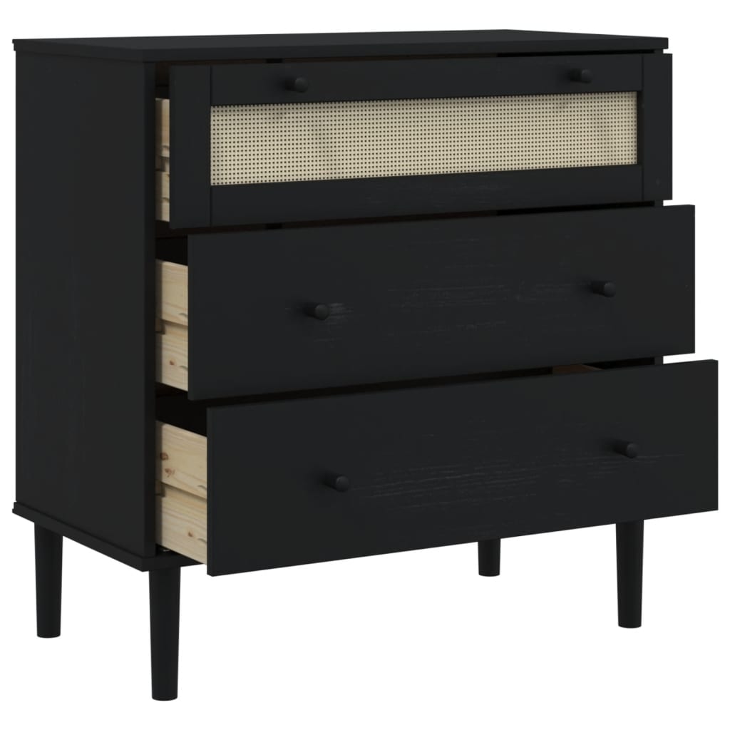 Commode SENJA aspect rotin bois de pin massif noir 80x40x80cm - Vetonek