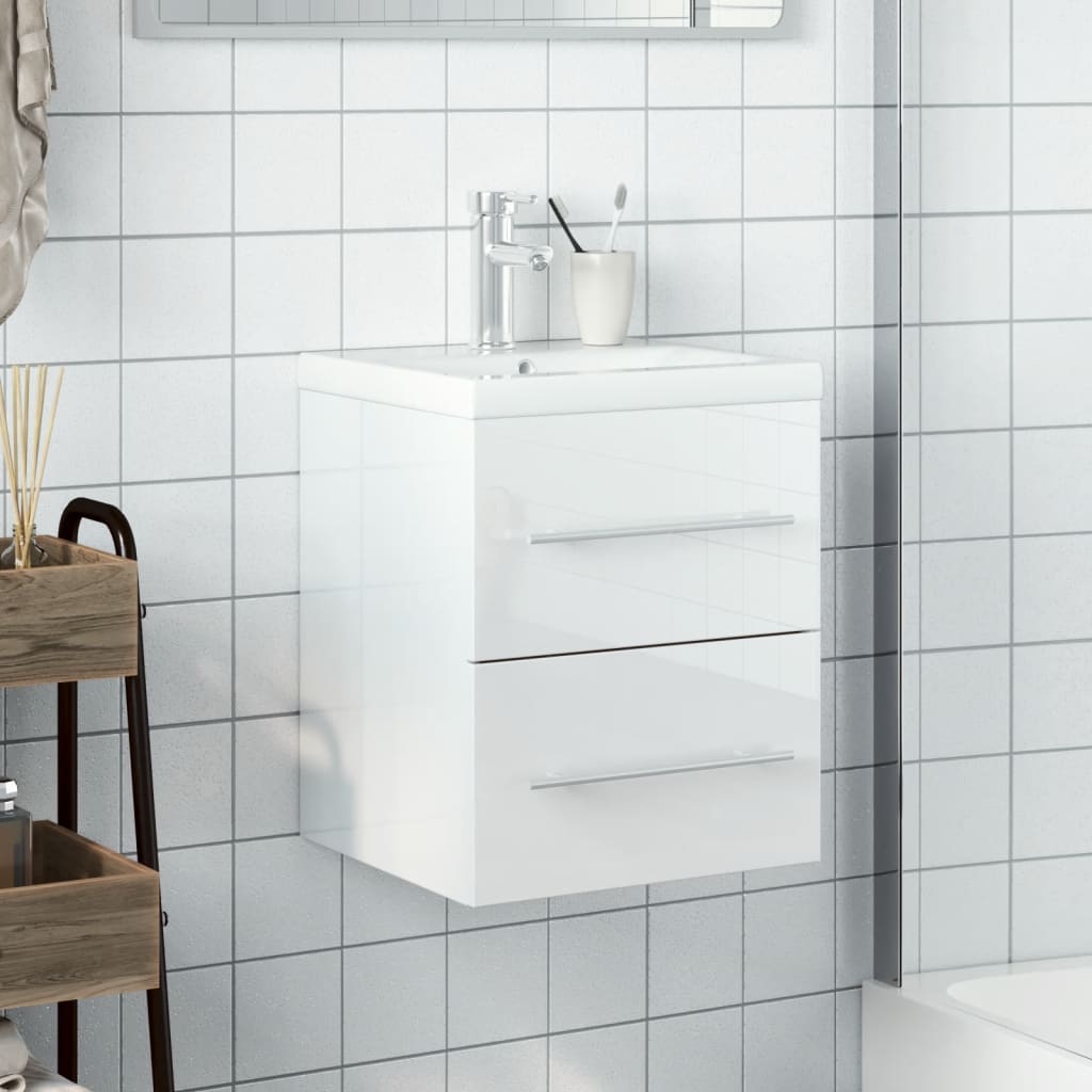 Meuble de salle de bain avec lavabo blanc brillant intégré V5677 Vetonek