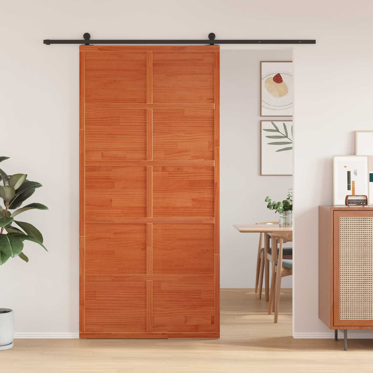 Porte coulissante marron cire 100 x 208 cm en bois de pin massif 