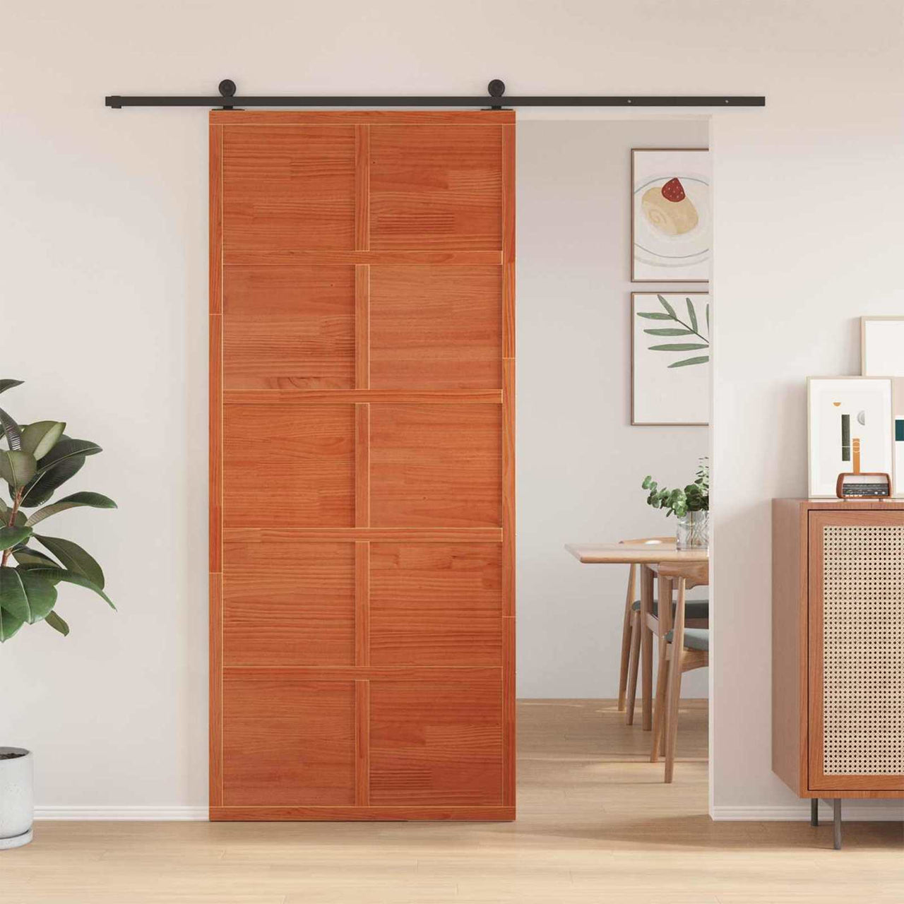 Puerta Corrediza Marrón Cera 90 x 208 cm Madera de Pino Maciza