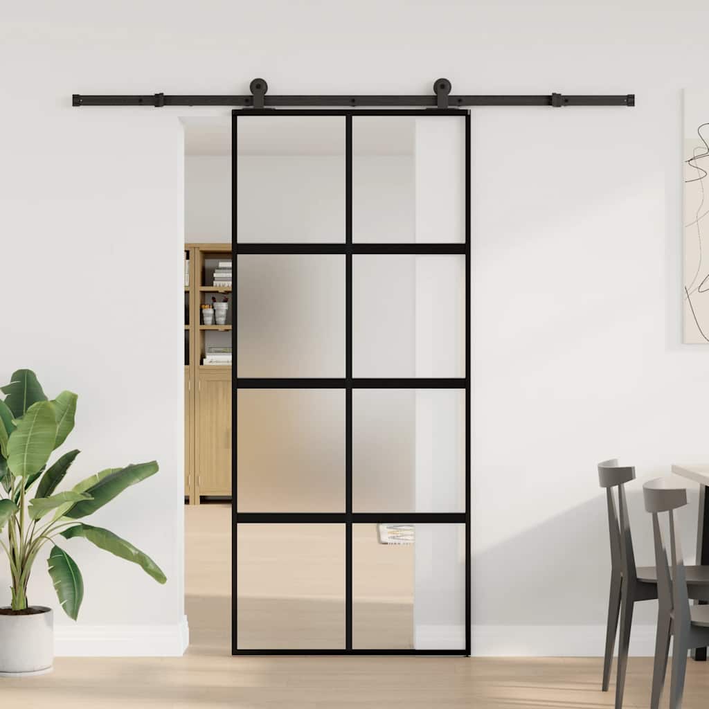 Porte coulissante en verre trempé 90x205 cm — Aluminium noir 