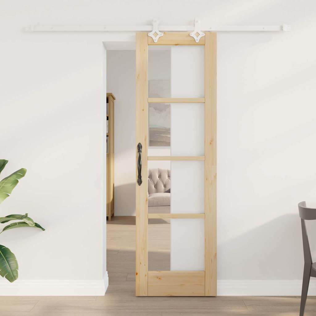 Porte coulissante naturelle 61 x 198,5 cm — Bois de pin massif et verre 