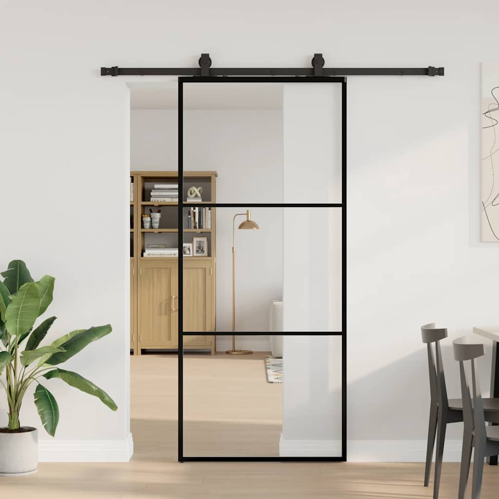 Porte coulissante avec kit de quincaillerie noir 90x205 cm verre ESG 