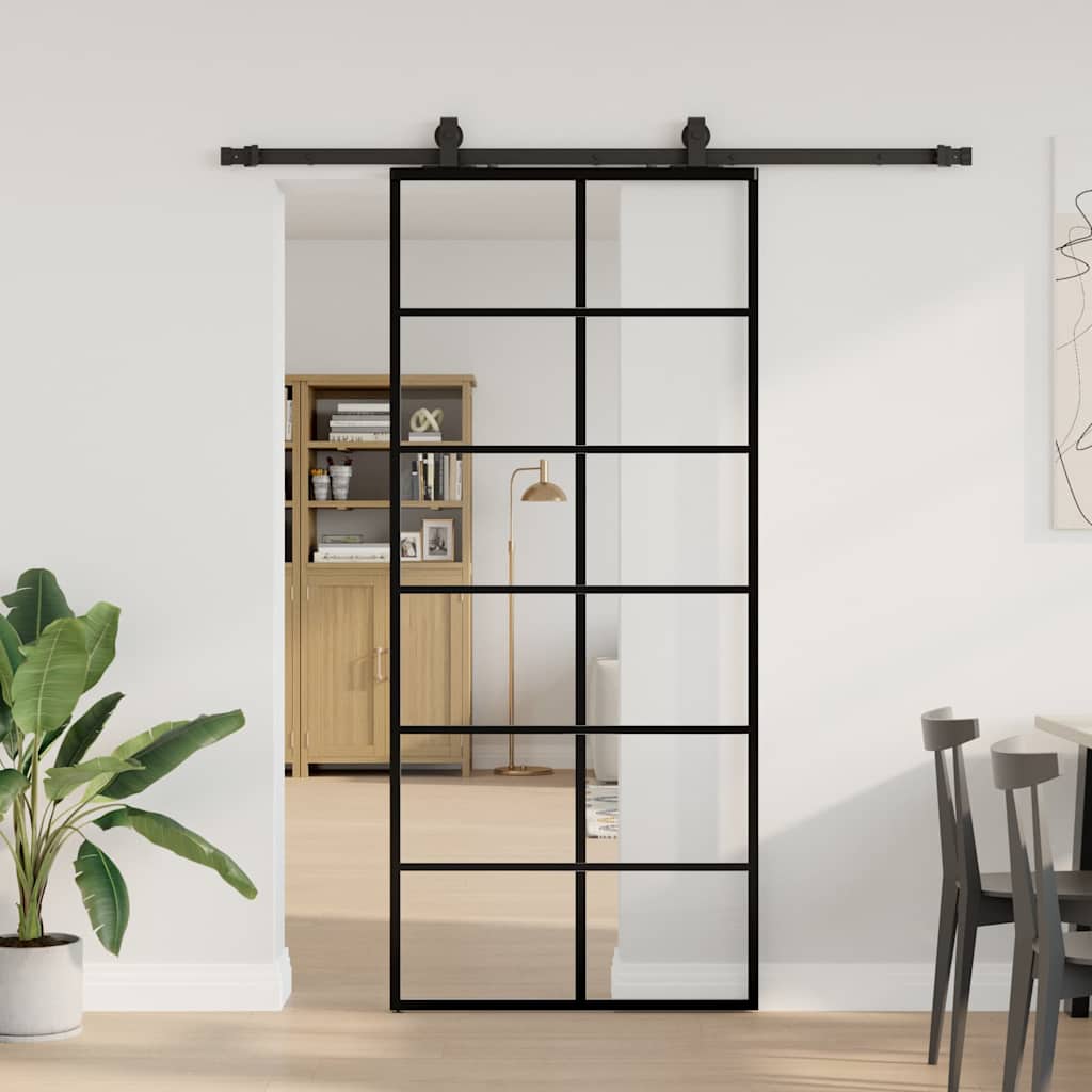 Porte coulissante avec ensemble de ferrures noir 90x205 cm verre ESG 