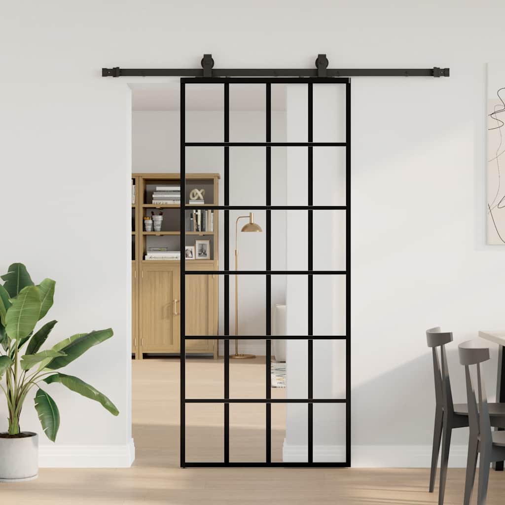Porte coulissante avec kit de quincaillerie noire 90x205 cm verre ESG 
