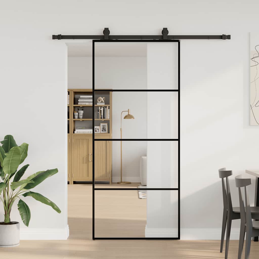 Porte coulissante avec kit de ferrures noir 90x205 cm verre ESG 