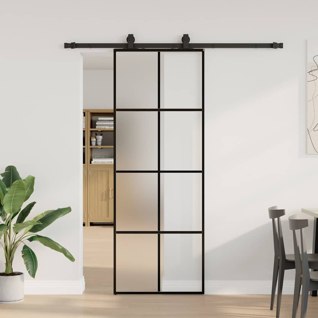 Puerta Corredera 76x205 cm ESG Vidrio Transparente y Negro — Kit Herrajes Negro