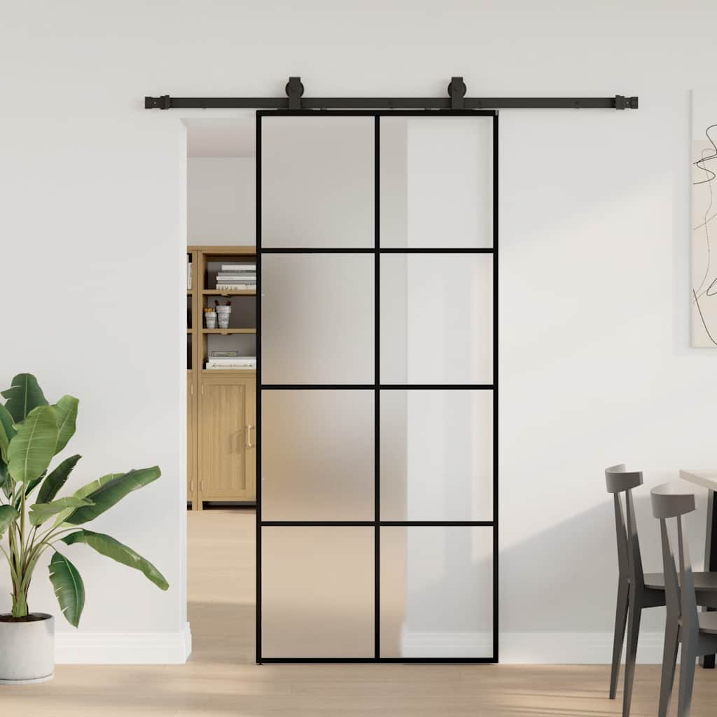 Porte coulissante avec kit de quincaillerie noire 90x205 cm verre ESG 