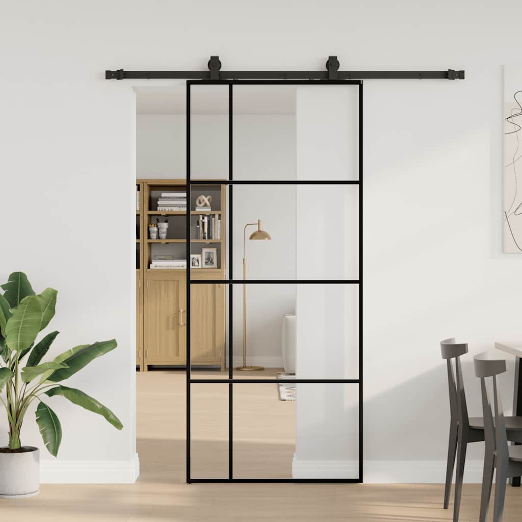 Porte coulissante avec kit de ferrures noir 90x205 cm verre ESG 