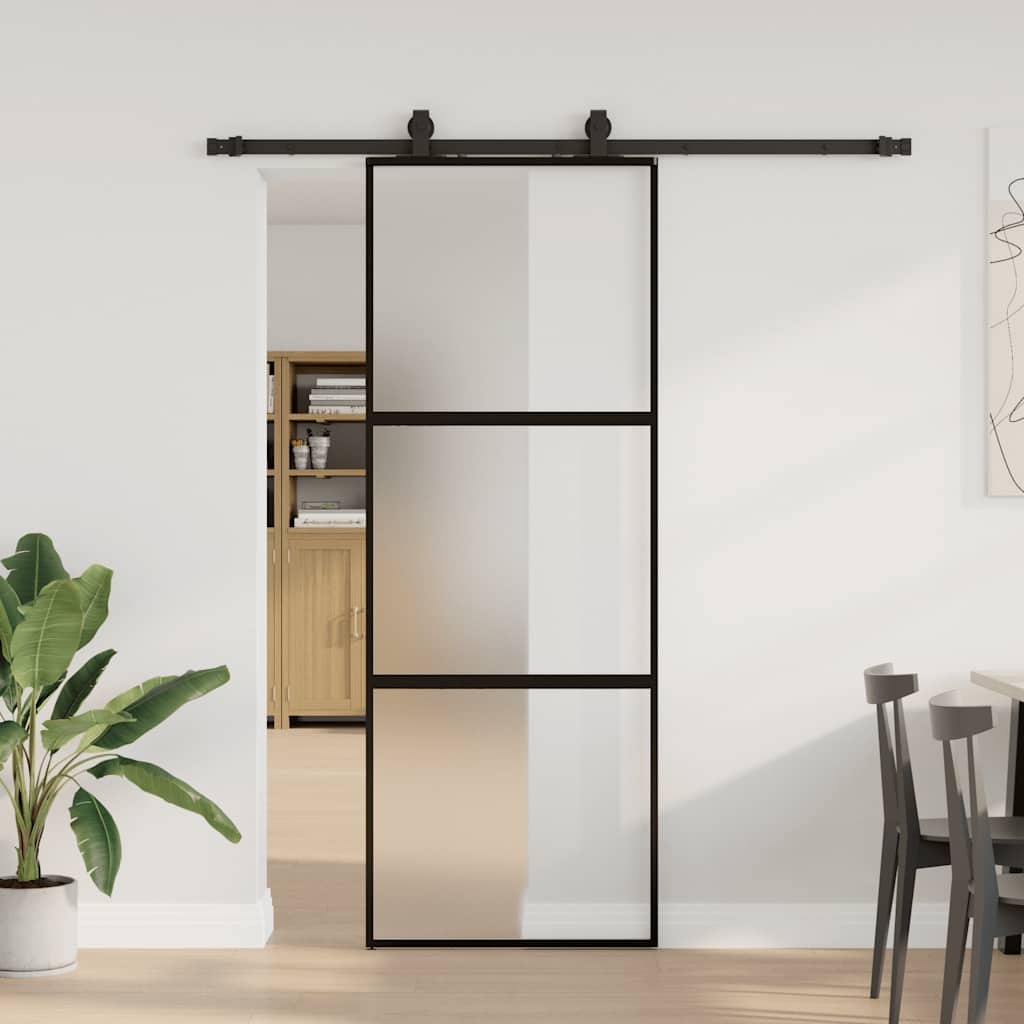 Porte coulissante avec quincaillerie noire 76x205 cm verre trempé 