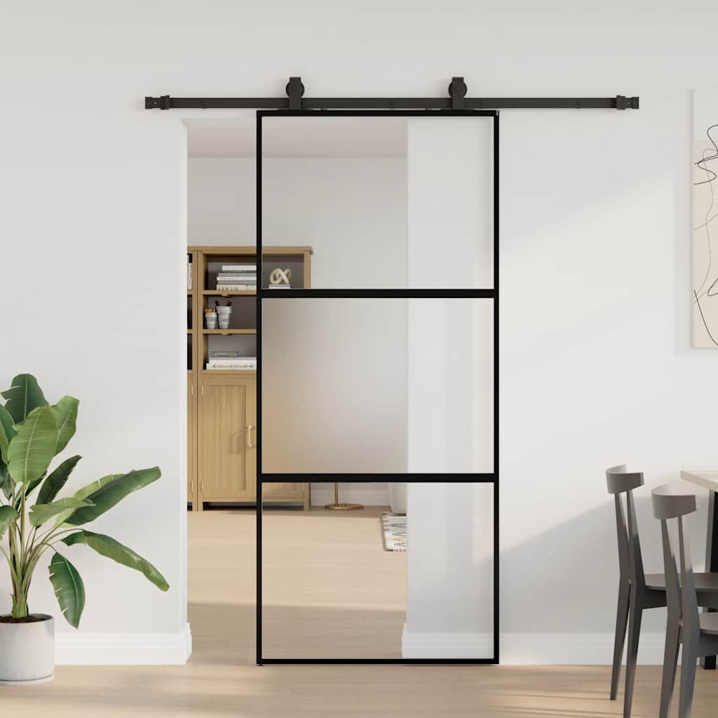 Porte coulissante avec quincaillerie noire 90x205 cm verre trempé 