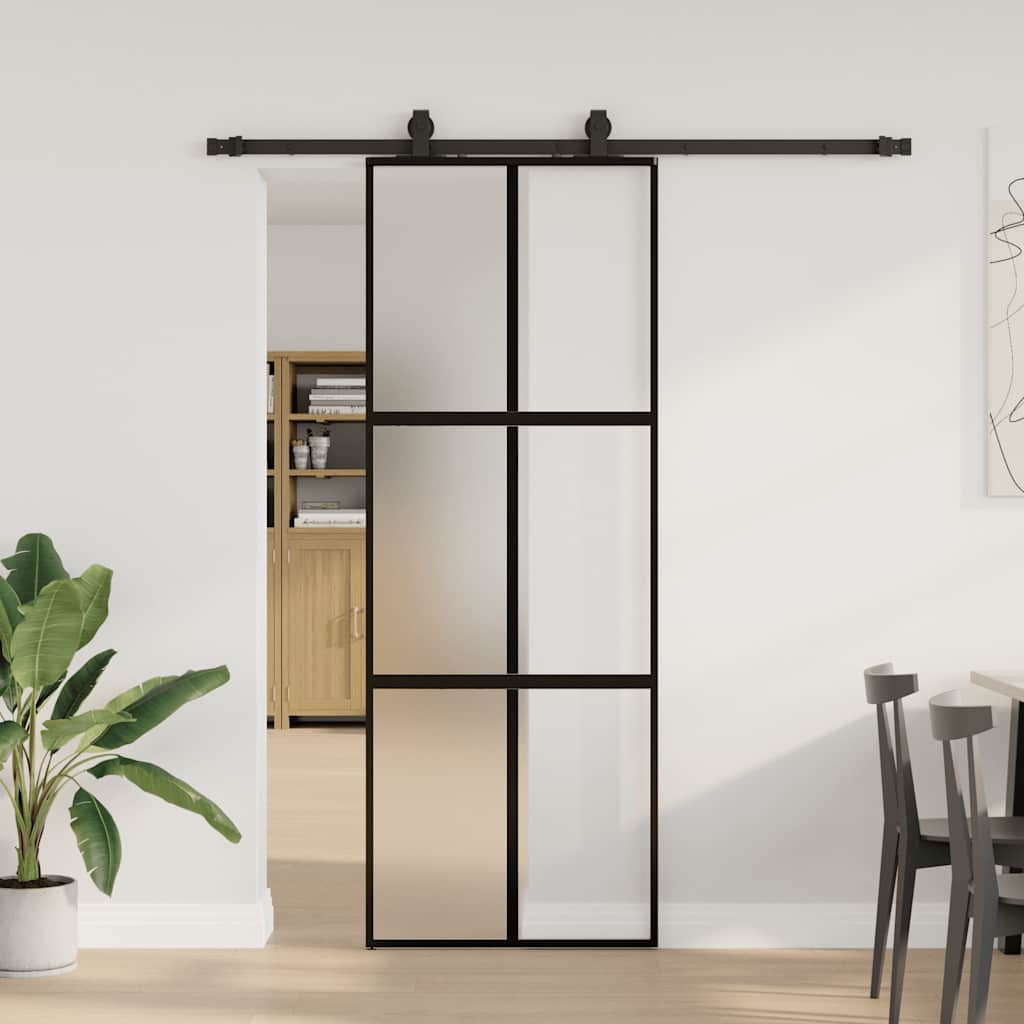 Porte coulissante avec ferrures noires 76x205 cm verre trempé 