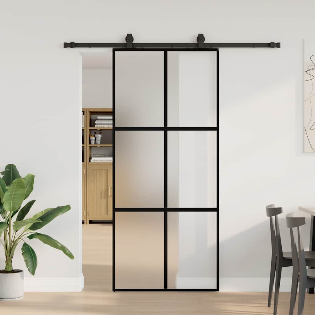 Porte coulissante avec quincaillerie noire 90x205 cm verre trempé 