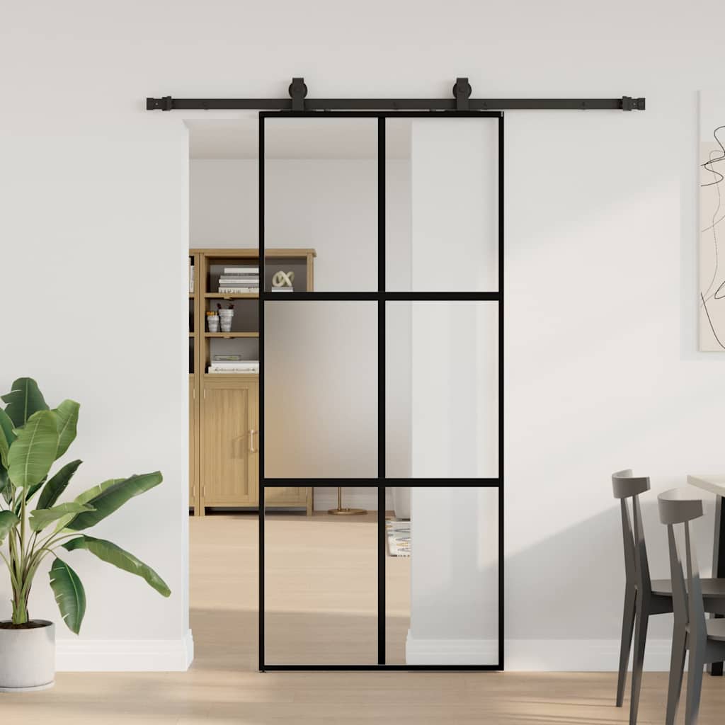 Porte coulissante avec ferrures noires 90x205 cm en verre trempé 