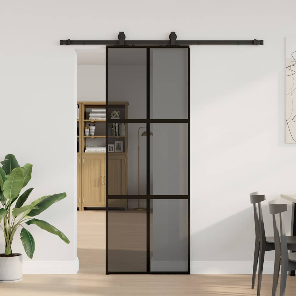 Porte coulissante avec ferrures noires 76x205 cm verre trempé 