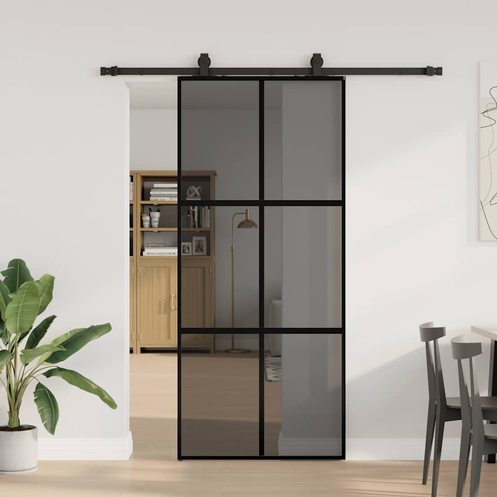 Porte coulissante avec quincaillerie noire 90x205 cm verre trempé 