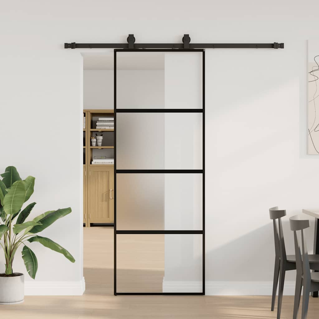Porte coulissante avec ferrures noires 76x205 cm verre trempé 
