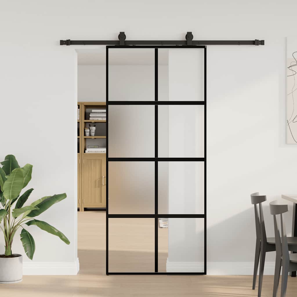 Porte coulissante avec ferrures noires 90x205 cm verre trempé 