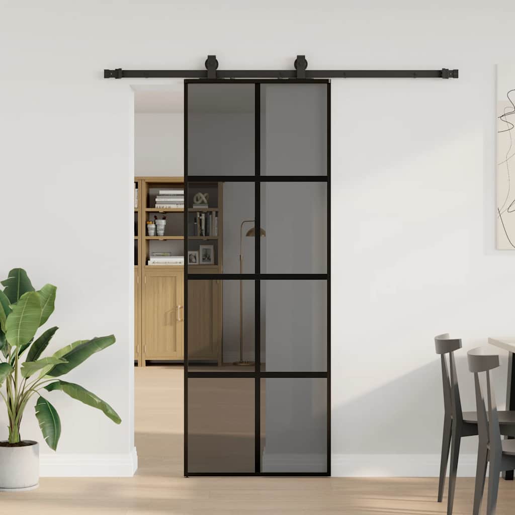 Porte coulissante avec quincaillerie noire 76x205 cm verre trempé 