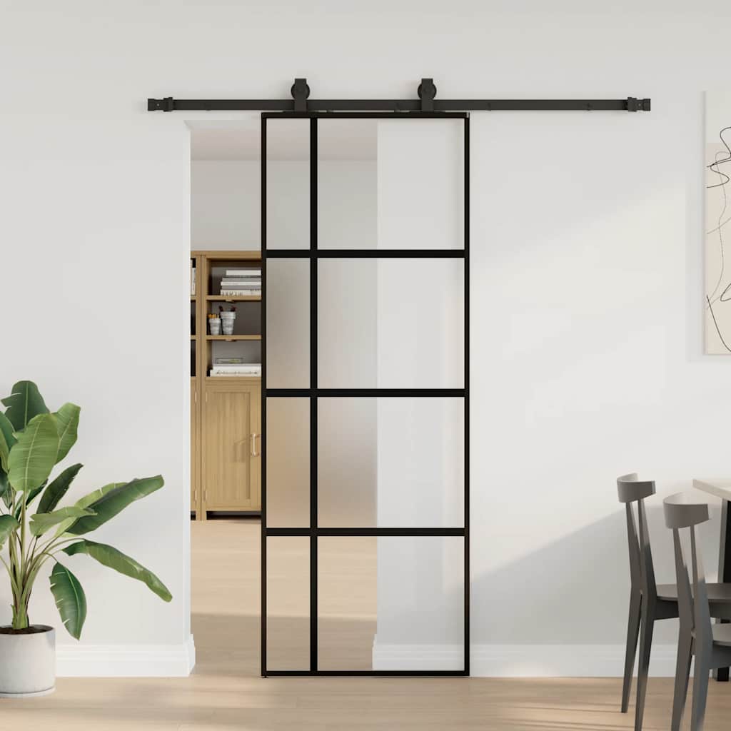 Porte coulissante avec ferrures noires 76x205 cm verre trempé 