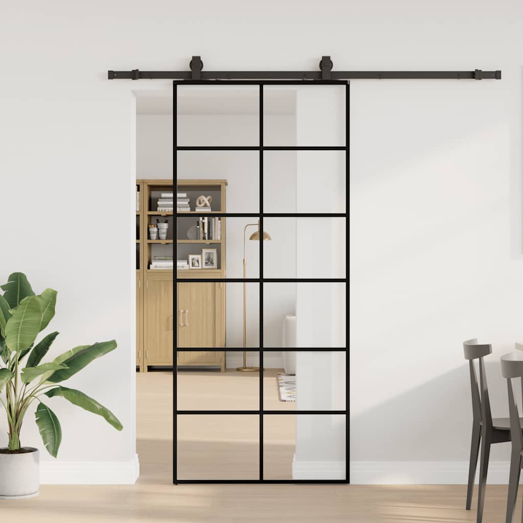 Porte coulissante avec kit de ferrures noires 90x205 cm verre ESG 