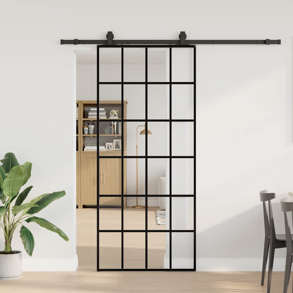 Porte coulissante avec kit de ferrures noires 90x205 cm verre ESG 