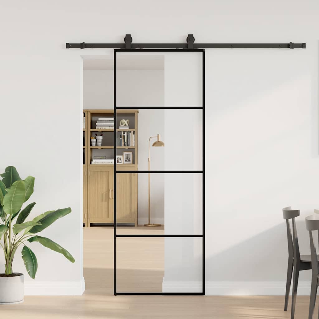 Puerta Corredera 76x205 cm ESG Vidrio Transparente y Negro con Herrajes