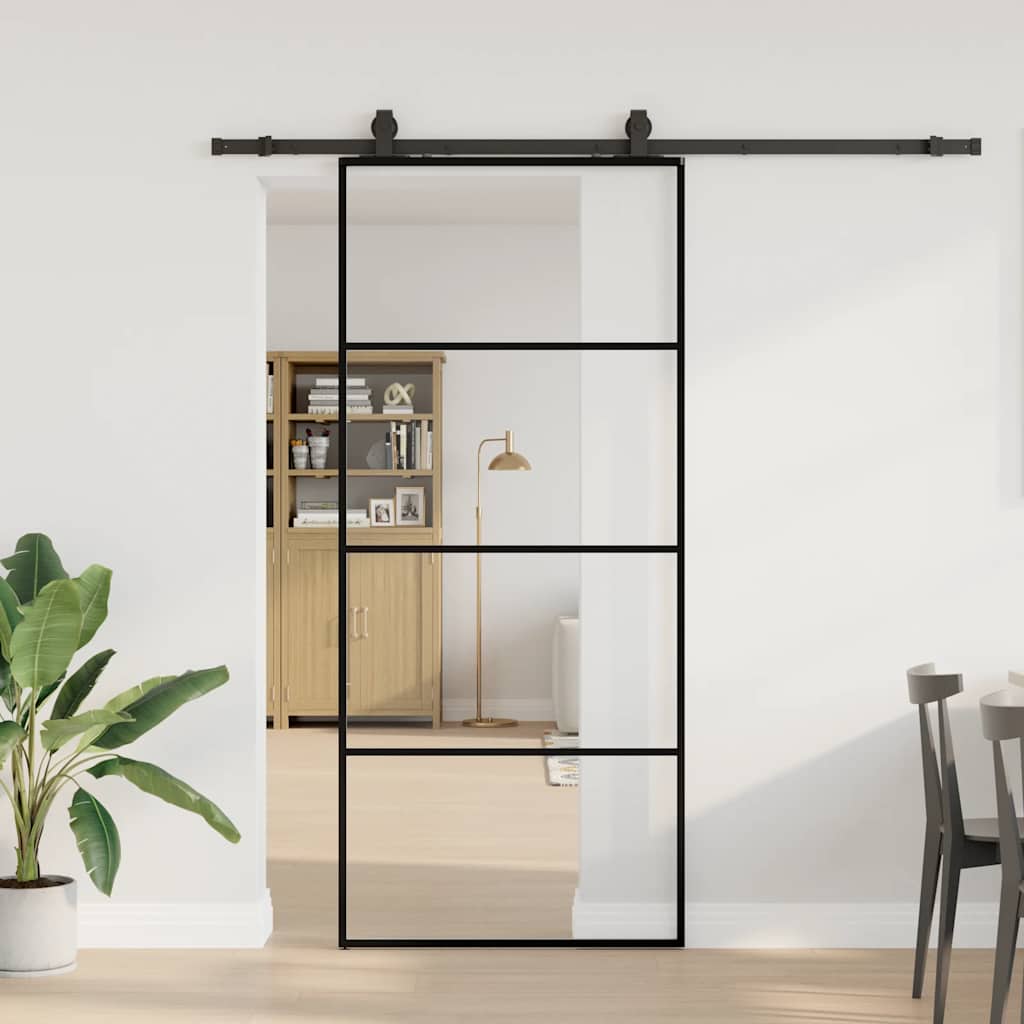Porte coulissante avec kit de ferrures noir 90x205 cm verre ESG 