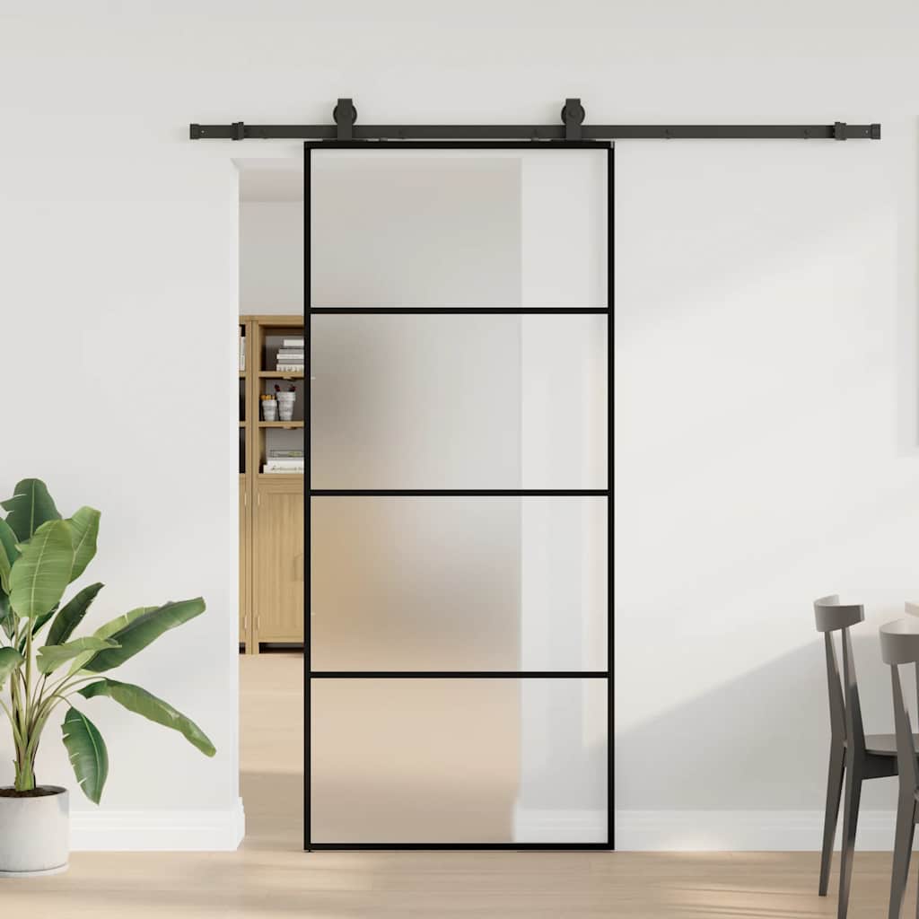 Porte coulissante avec ensemble de ferrures noires 90x205 cm en verre ESG 