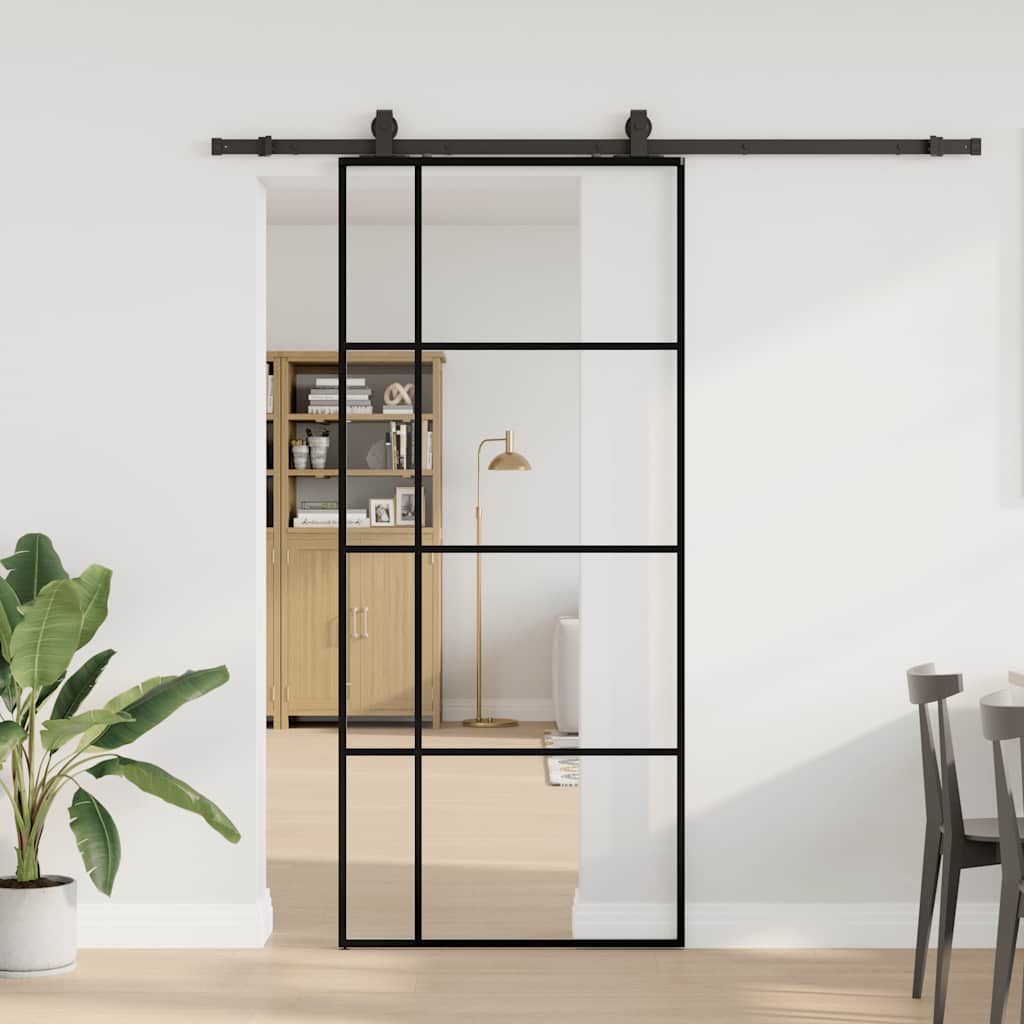 Porte coulissante avec kit de ferrures noires 90x205 cm en verre ESG 