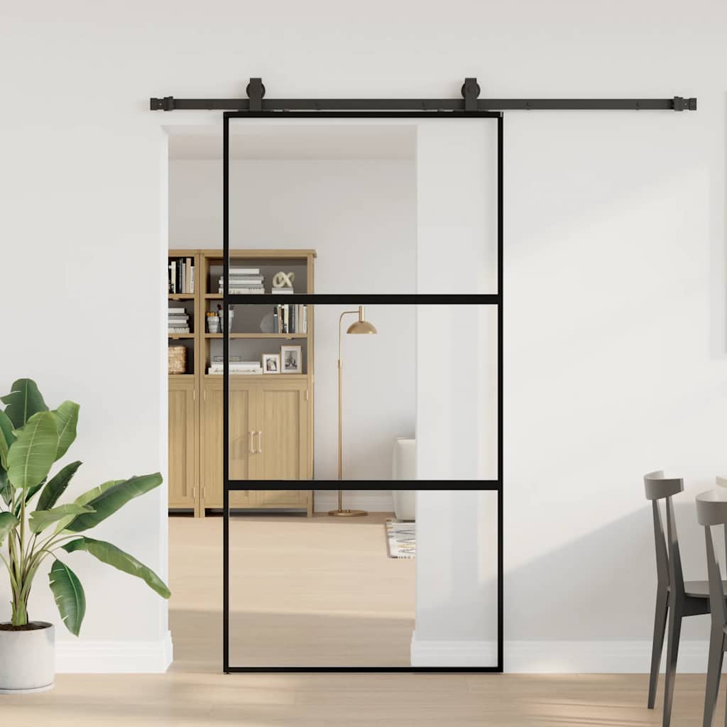 Porte coulissante quincaillerie noire 102,5x205 cm verre trempé 