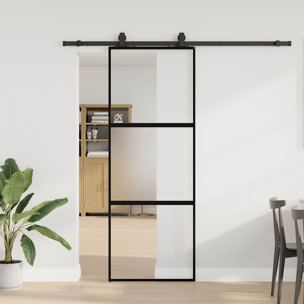 Porte coulissante avec ferrures noires 76x205 cm en verre trempé 