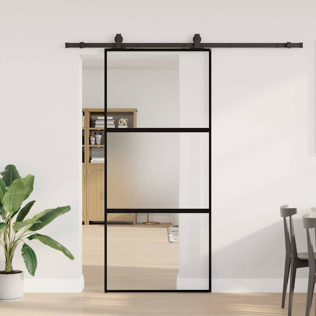 Porte coulissante avec quincaillerie noire 90x205 cm en verre trempé 
