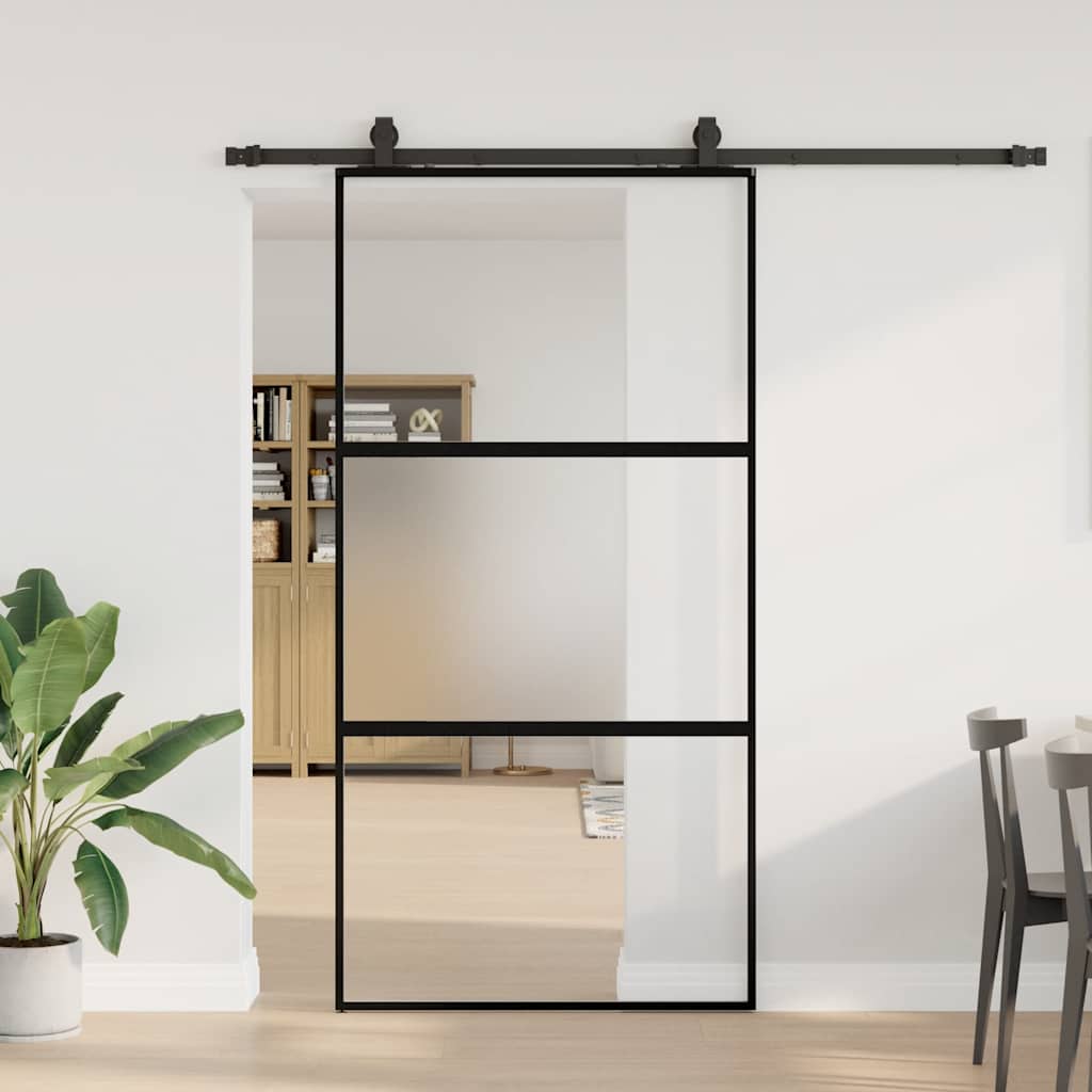 Porte coulissante quincaillerie noire 102,5x205 cm verre trempé 