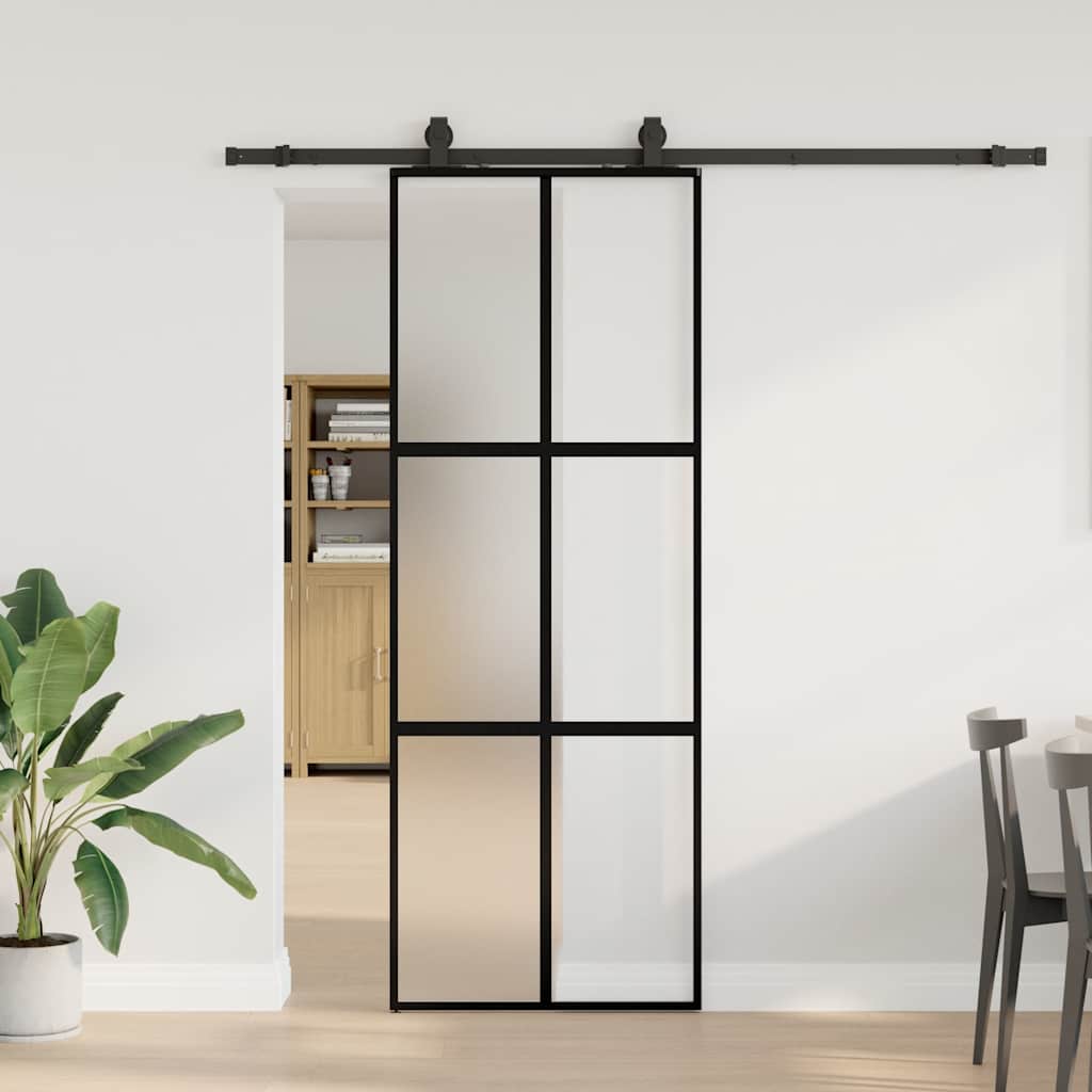 Porte coulissante avec ferrures noires 76x205 cm verre trempé 