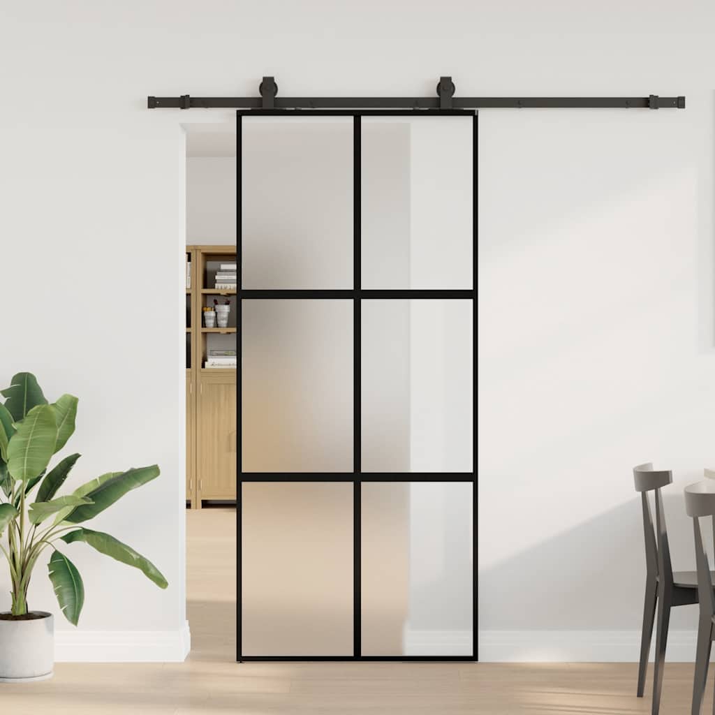 Porte coulissante avec ferrures noires 90x205 cm en verre trempé 