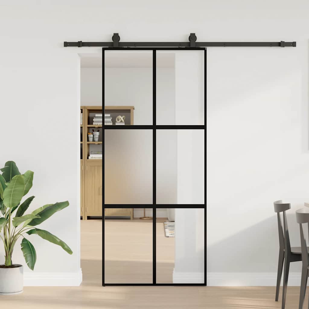Porte coulissante avec quincaillerie noire 90x205 cm en verre trempé 