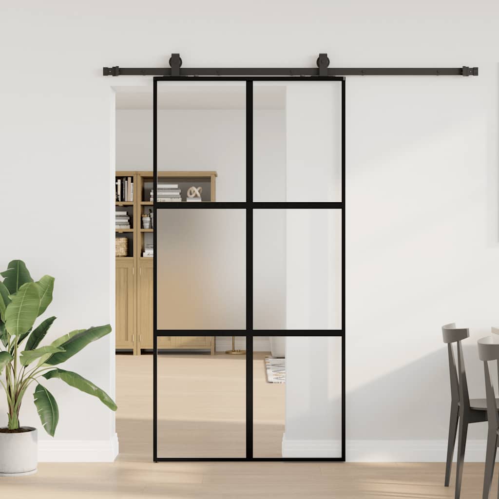 Porte coulissante quincaillerie noire 102,5x205 cm verre trempé 