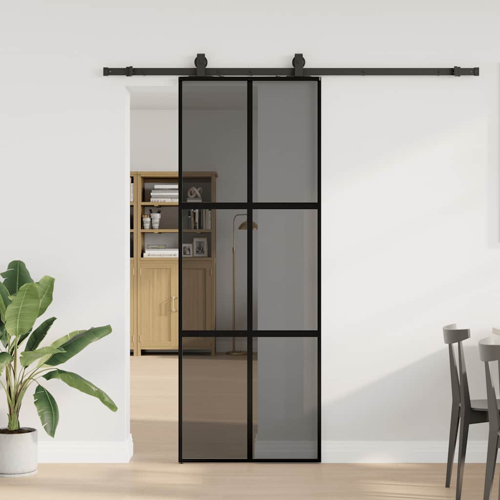 Porte coulissante avec ferrures noires 76x205 cm en verre trempé 