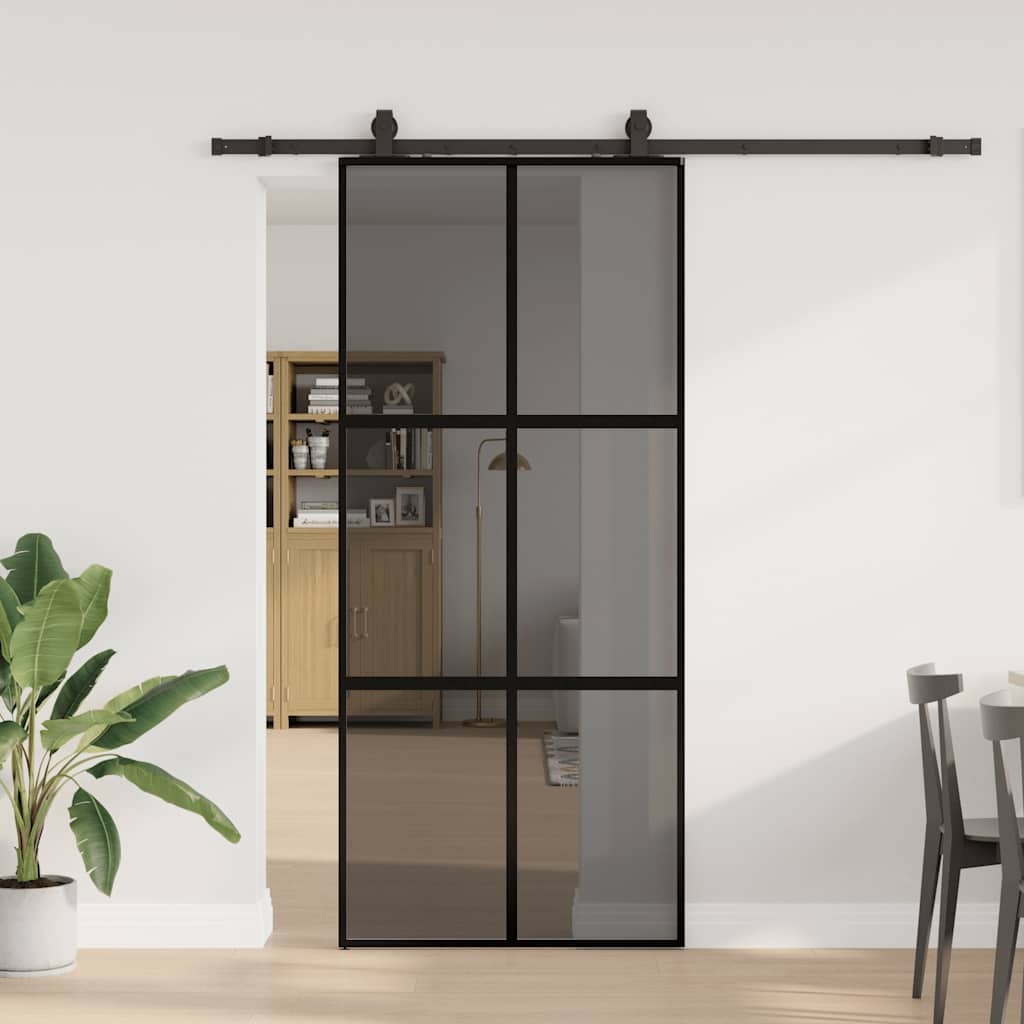 Porte coulissante avec quincaillerie noire 90x205 cm en verre trempé 