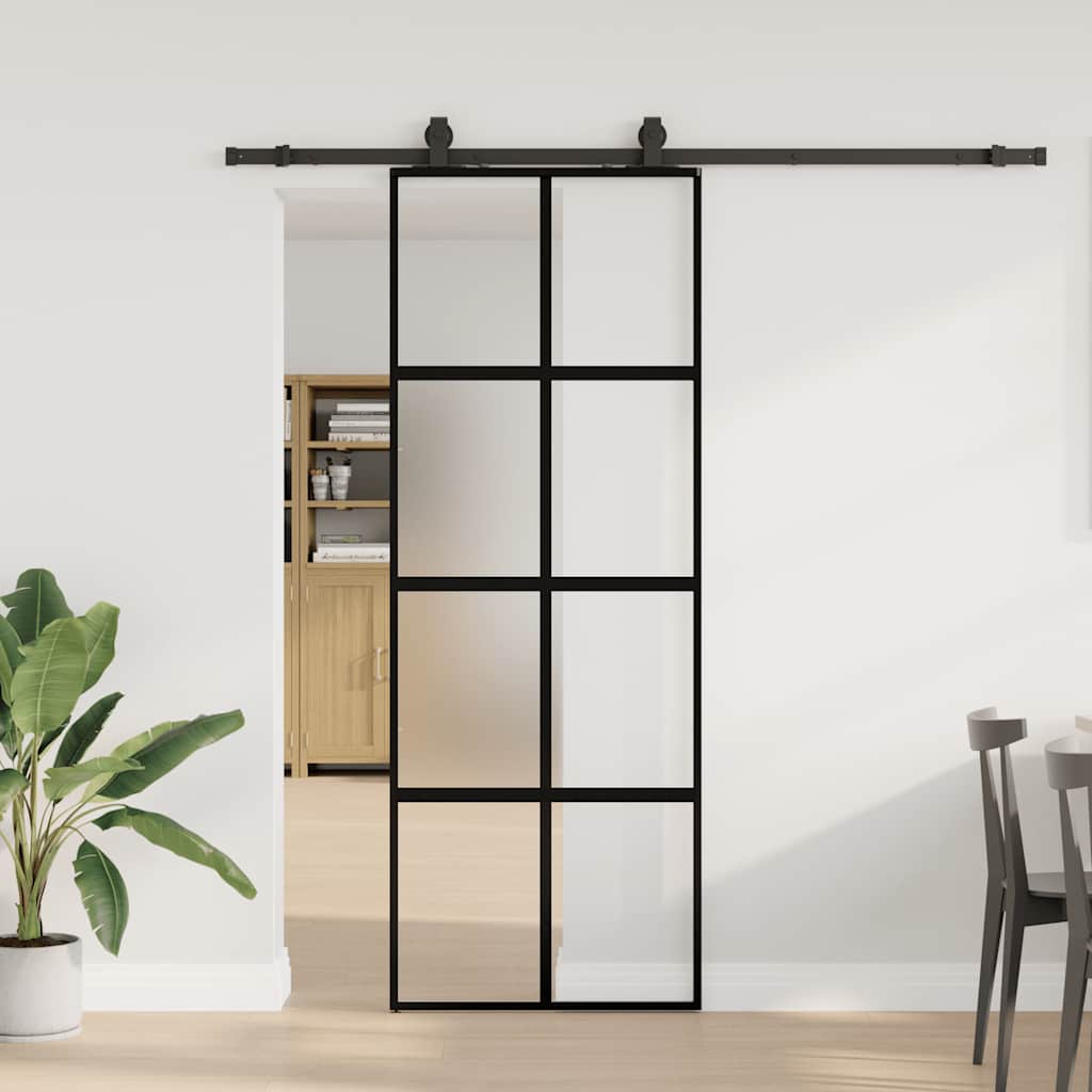 Porte coulissante avec ferrures noires 76x205 cm verre trempé 