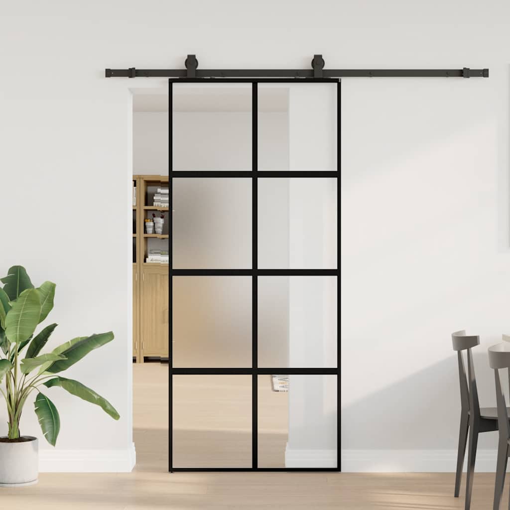 Porte coulissante avec ferrures noires 90x205 cm verre trempé 