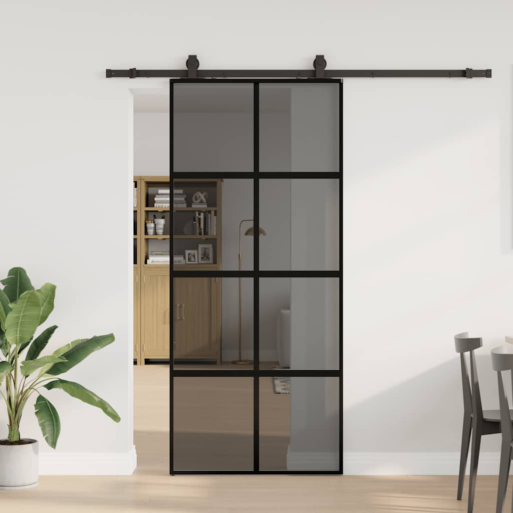 Puerta Corredera 90x205 cm Vidrio Templado Negro Mate