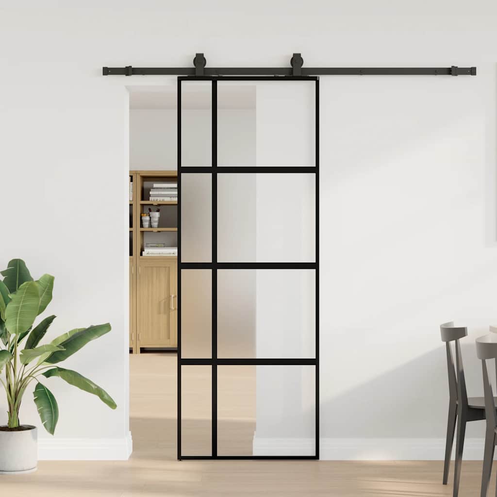 Porte coulissante avec ferrures noires 76x205 cm en verre trempé 