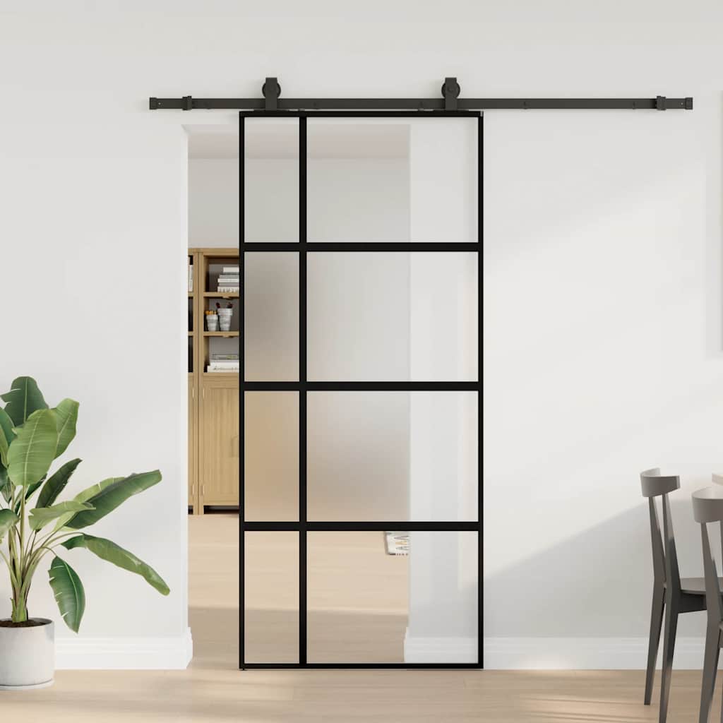 Porte coulissante avec quincaillerie noire 90x205 cm verre trempé 