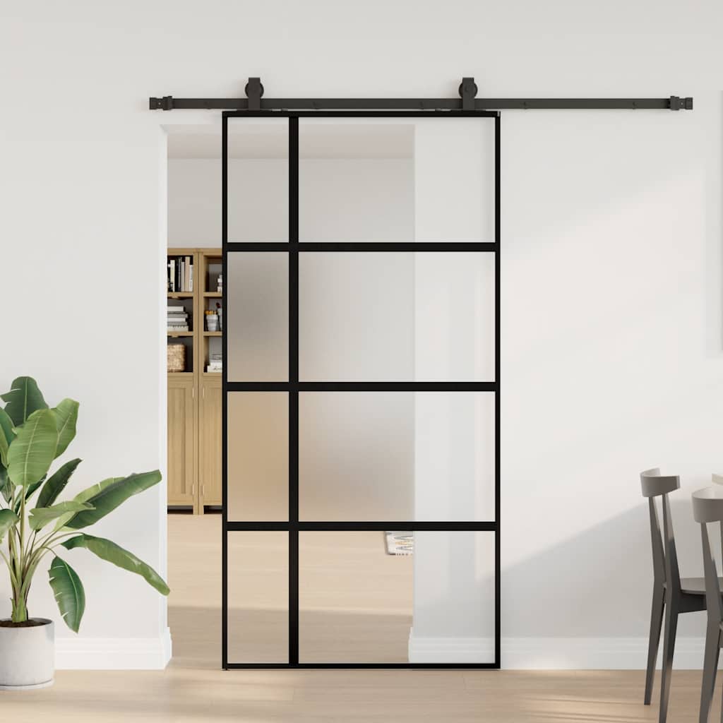 Porte coulissante avec quincaillerie noire 102,5x205 cm en verre trempé 
