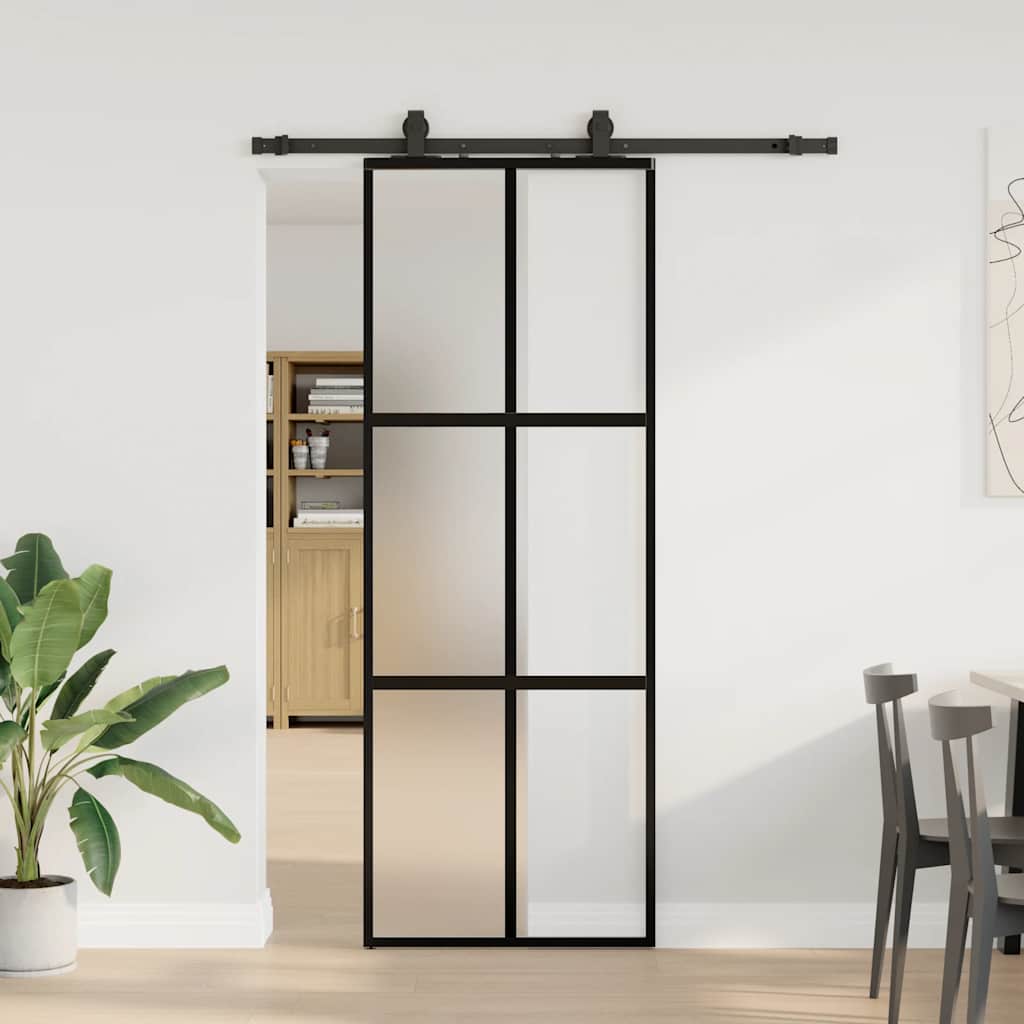 Puerta corredera con herrajes negro 76x205 cm vidrio templado
