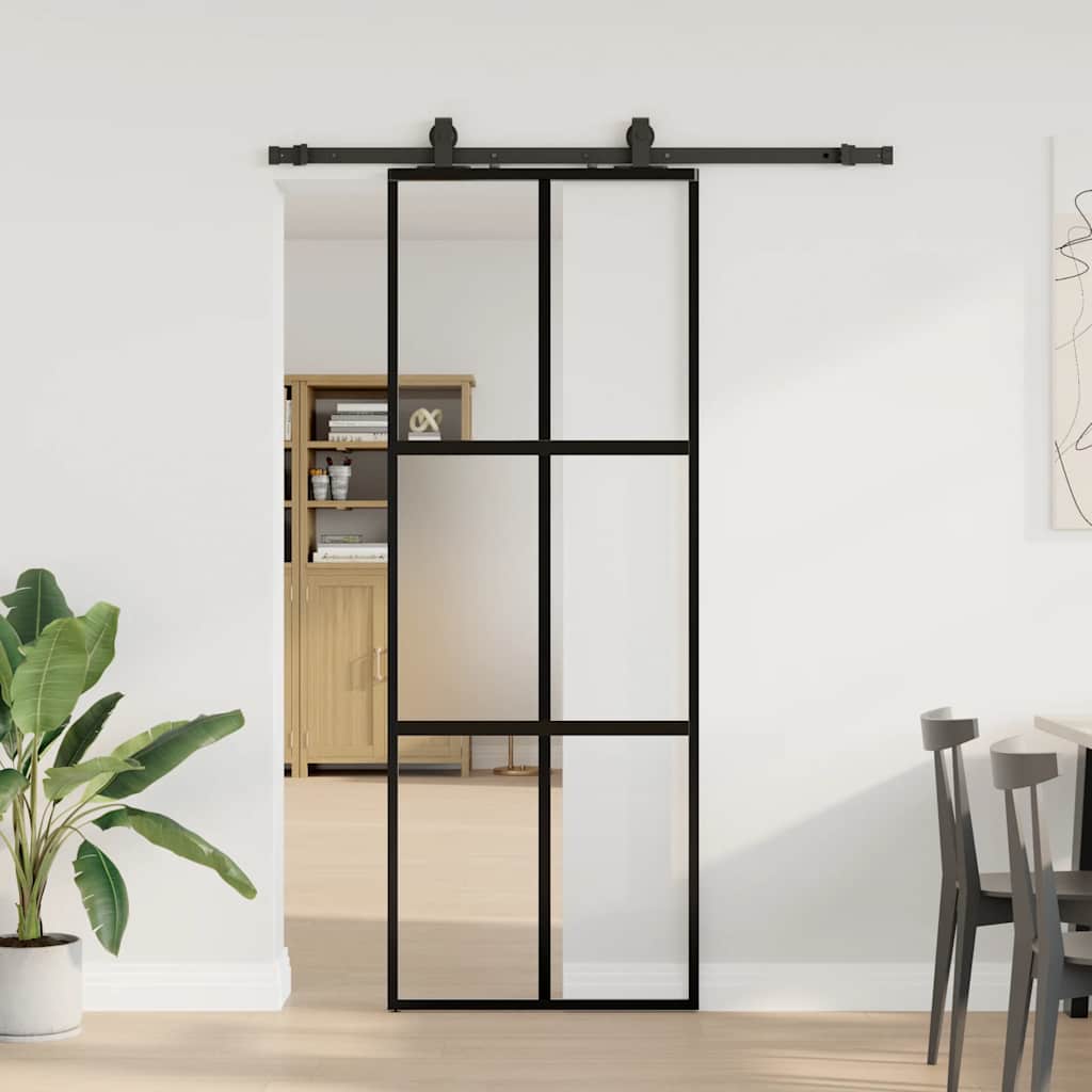 Puerta corredera con herrajes negro 76x205 cm vidrio templado